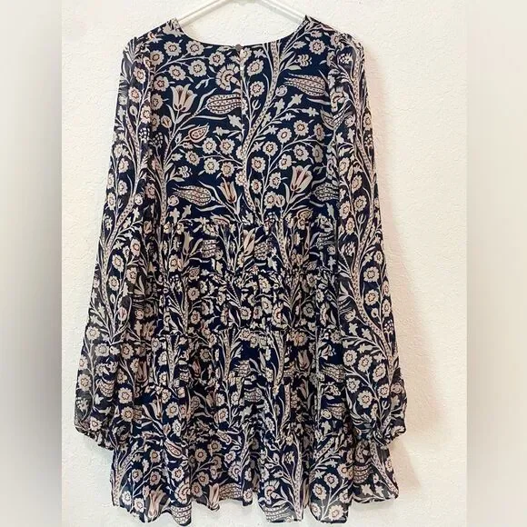 Ted Baker Tarrissa Tiered Swing Mini Blue and Tan Long Sleeves Dress Size 2 - Picture 4 of 6